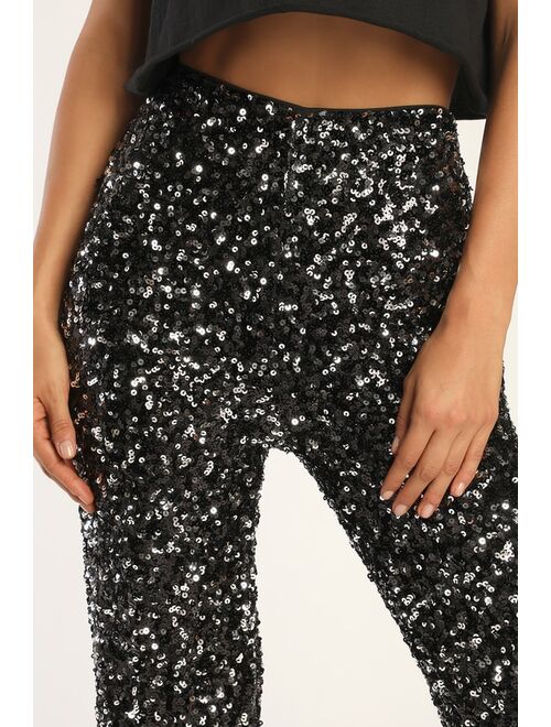 Lulus Glamorous Allure Black and Silver Sequin Sequin Flare Pants