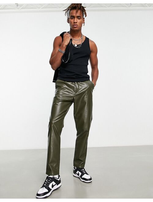 ASOS DESIGN tapered pants in faux leather in khaki