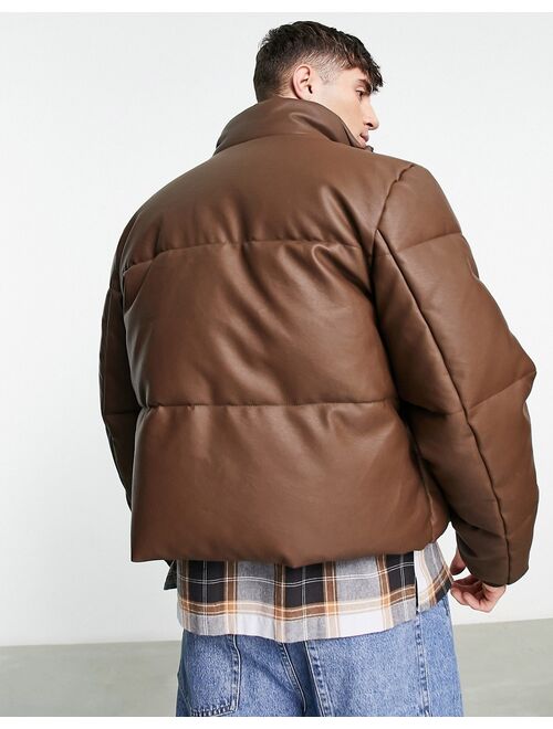 ASOS DESIGN cropped faux leather puffer jacket in brown