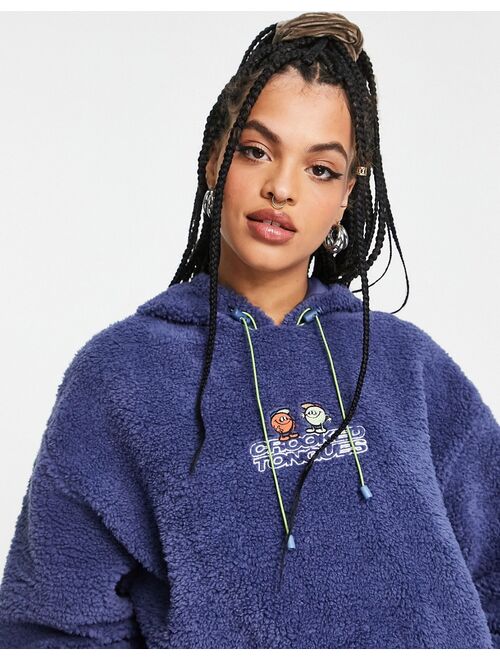 Crooked Tongues unisex oversized hoodie in teddy borg with back logo embroidery in blue
