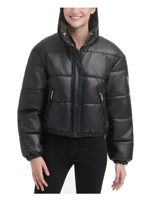 GUESS Women's Faux-Leather Puffer Coat