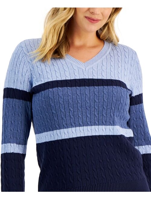 KAREN SCOTT Women's Cable-Knit Brighton Striped Sweater, Created for Macy's