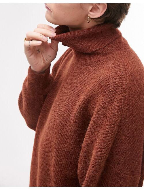 Topman heavy knitted oversized roll neck sweater in brown