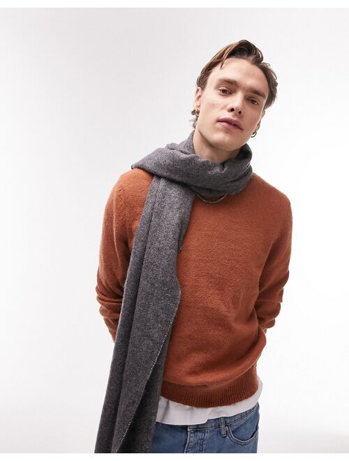 Topman brushed knit crew neck sweater in brown