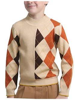 Boys Girls Mockneck Sweater Knit Contrast Argyle School Winter Warm Pullover Sweaters