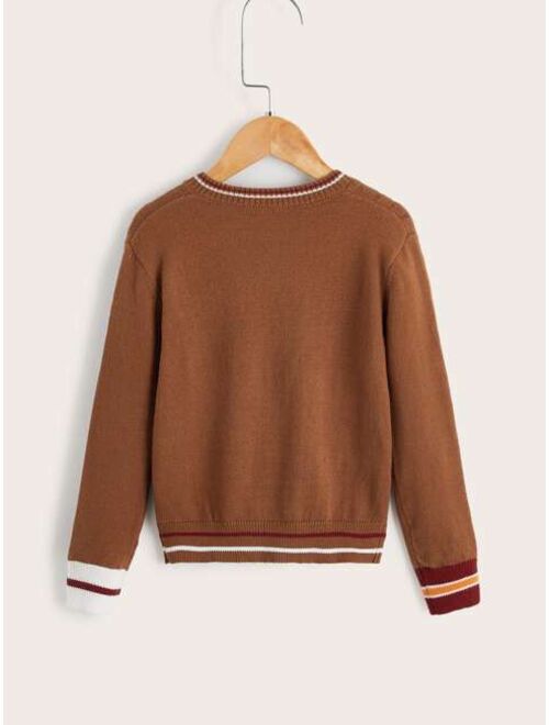 SHEIN Boys Striped Trim Cable Knit Cricket Sweater