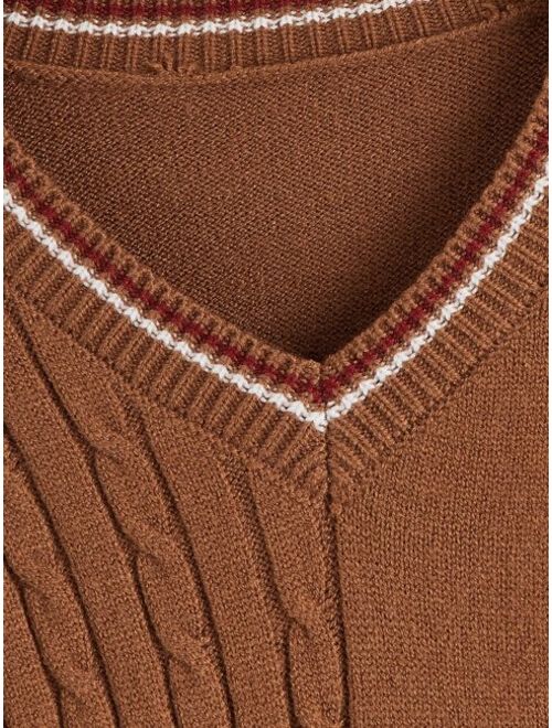SHEIN Boys Striped Trim Cable Knit Cricket Sweater