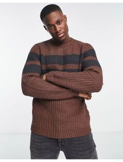 chunky textured knit sweater with contrast stripe in brown