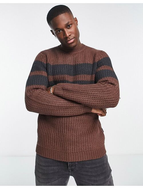 Only & Sons chunky textured knit sweater with contrast stripe in brown