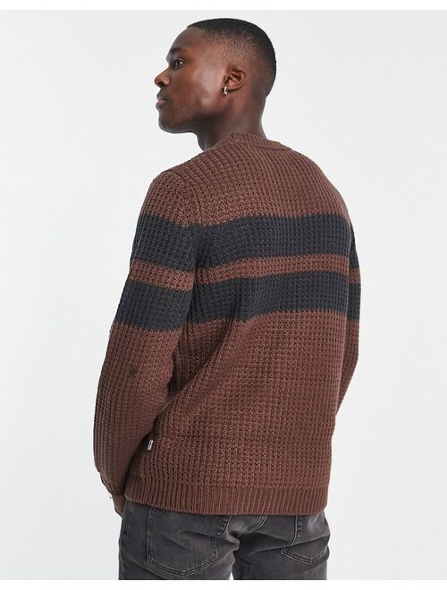 Only & Sons chunky textured knit sweater with contrast stripe in brown