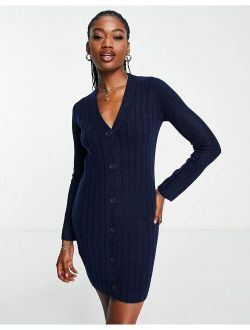 knitted mini dress with button through detail in navy