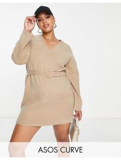 ASOS Curve knit mini dress with belt in brown