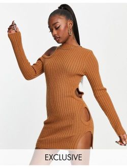 ASYOU knit cut out long-sleeved mini dress in chocolate