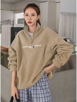 Mountain And Letter Embroidery Quarter Zip Drop Shoulder Fleece Sweatshirt Without Tee