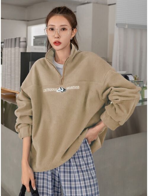 DAZY Mountain And Letter Embroidery Quarter Zip Drop Shoulder Fleece Sweatshirt Without Tee