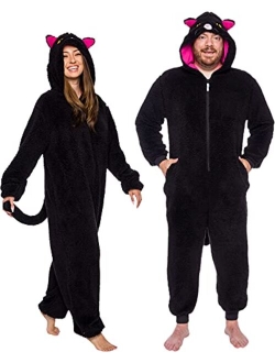 FUNZIEZ! Slim Fit Sherpa Adult Onesie - Animal Halloween Costume - Plush One Piece Cosplay Suit for Women and Men