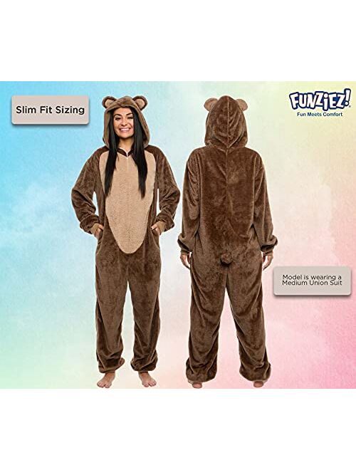 FUNZIEZ! Slim Fit Sherpa Adult Onesie - Animal Halloween Costume - Plush One Piece Cosplay Suit for Women and Men