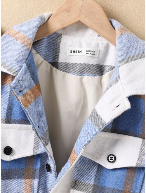 Shein Boys 1pc Plaid Print Drop Shoulder Flap Pocket Overcoat