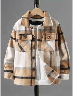 Boys Plaid Print Flap Pocket Flannel Coat Without Sweatshirt