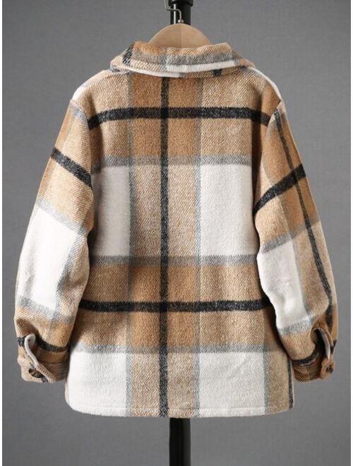 Shein Boys Plaid Print Flap Pocket Flannel Coat Without Sweatshirt