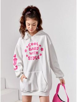 Teen Girls Slogan and Floral Print Drop Shoulder Hooded Sweatshirt Dress