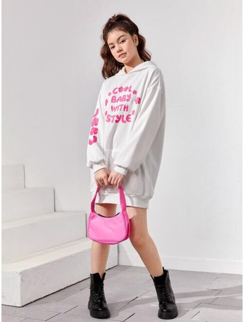 SHEIN Teen Girls Slogan and Floral Print Drop Shoulder Hooded Sweatshirt Dress
