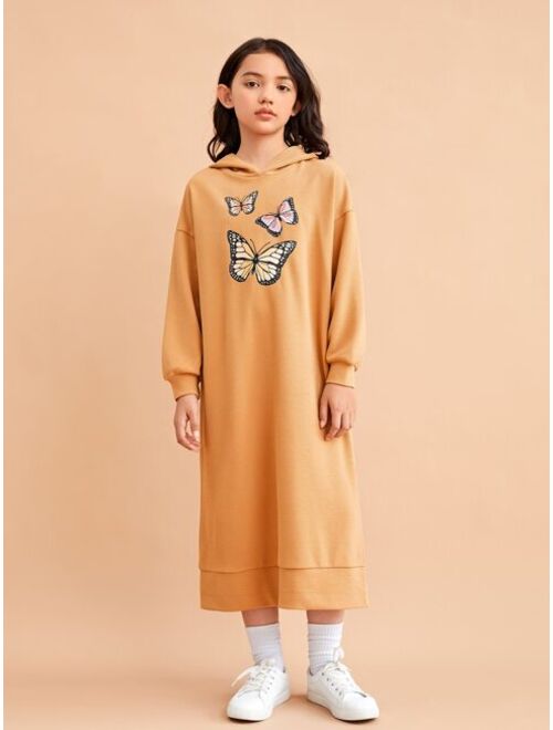 SHEIN X Claire Wilson Creates Girls Butterfly Print Split Hem Hooded Dress