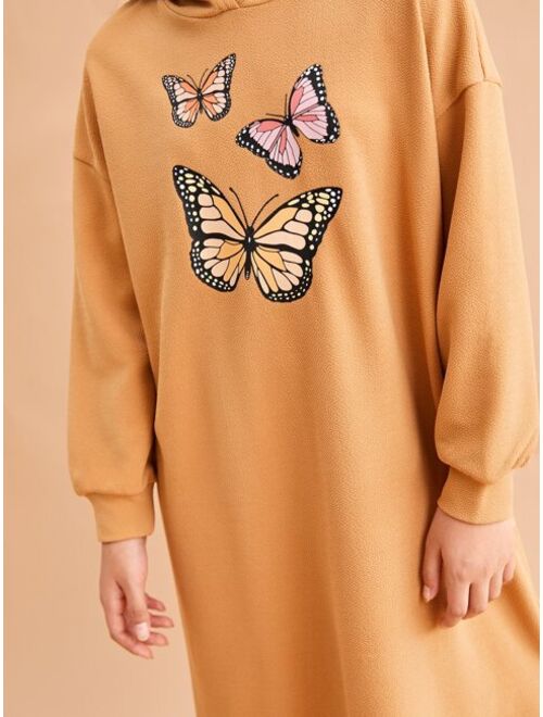 SHEIN X Claire Wilson Creates Girls Butterfly Print Split Hem Hooded Dress