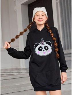 Teen Girls Cartoon Sequin Patched 3D Ears Hooded Sweatshirt Dress