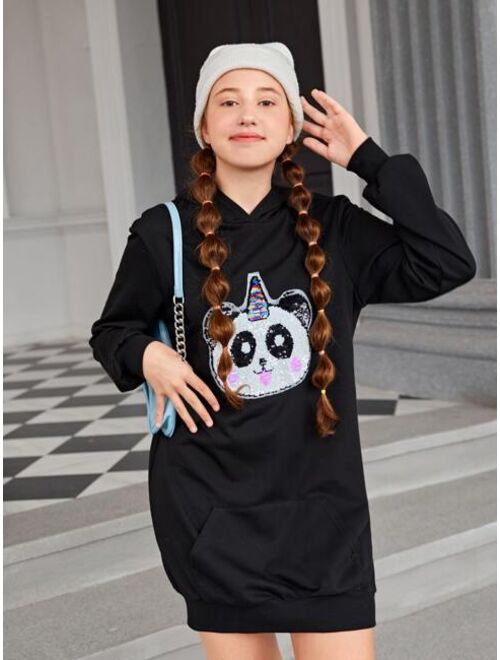 SHEIN Teen Girls Cartoon Sequin Patched 3D Ears Hooded Sweatshirt Dress