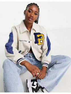 varsity bomber jacket with collar and embroidery detail in stone