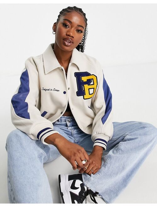 Pull&Bear varsity bomber jacket with collar and embroidery detail in stone