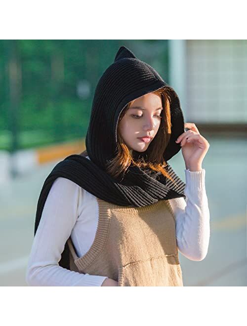 Generic Solid 2 In 1 Knit Hooded Scarf Set Winter Melon Cap Warm Thick Cable Knitted Hat Scarf Fringe Wrap (Black, One Size)