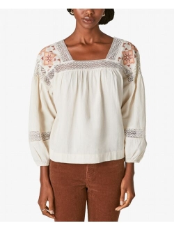 Women's Embroidered Long-Sleeve Square-Neck Top