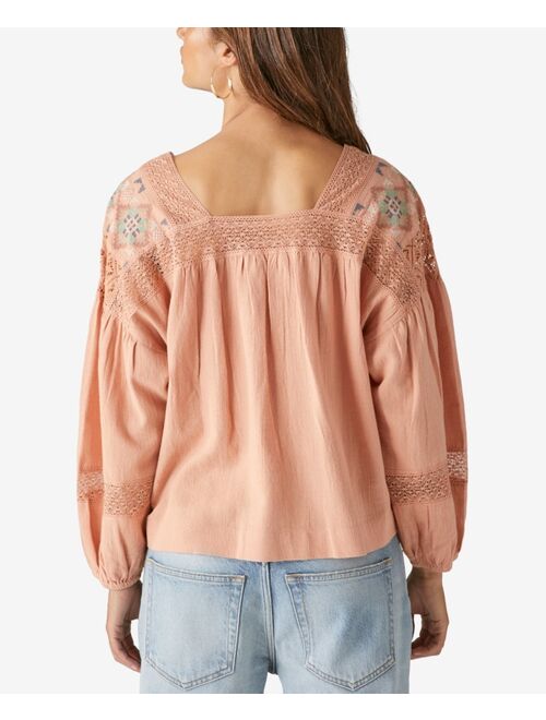 LUCKY BRAND Women's Embroidered Long-Sleeve Square-Neck Top