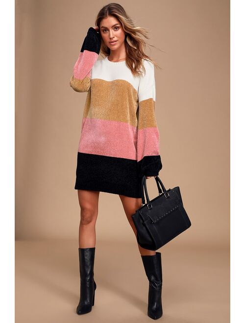 Lulus Call it Even Ivory Multi Color Block Chenille Sweater Dress