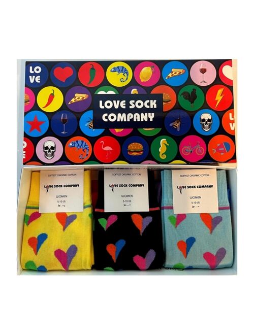 LOVE SOCK COMPANY Women's Orlando Gift Box of Cotton, Seamless Toe Funky Hearts Patterned Crew Socks, Pack of 3