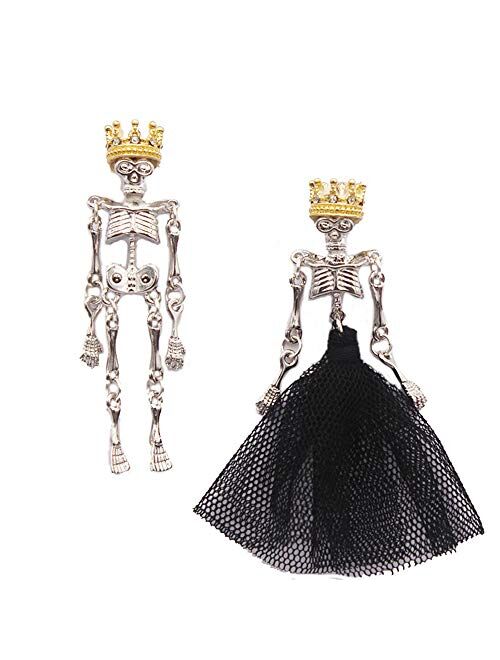 Cinlan Halloween Skull Skeleton Bone Crown King and Queen Asymmetrical Stud Earrings Drop Dangle