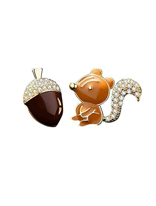 coadipress Fun Squirrel and Pine Cone Stud Earrings Asymmetrical Crystal Nut Squirrel Animal Ear Stud Earrings for Women Girls