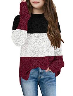 GAMISOTE Girl's Fuzzy Warm Sweater Crew Neck Chunky Side Slit Jumper Pullover Outwear