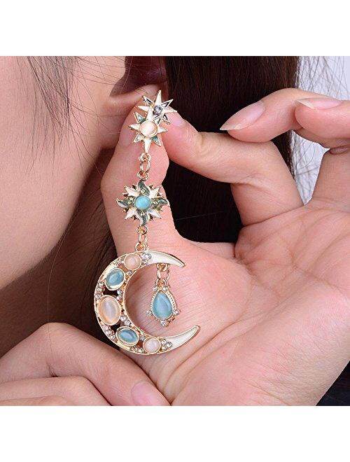 Shuijieling Moon Stud Earrings Fashion Star Sun Moon Rhinestone Crystal Stud Dangle Pretty Earrings For Women Jewelry Gift for Girlfriend