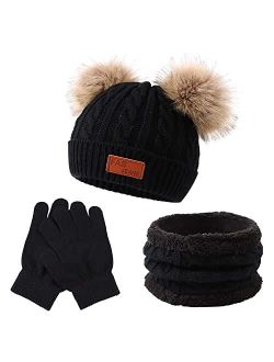 Yuoahcn Kids Winter Beanie Hat Scarf Gloves Set Knit Warm Toddler Winter Cap Gloves Neck Warmer for Boys Girls 1-8 Year