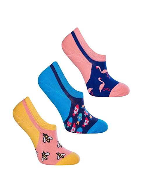 Love Sock Company 3-Pack Bee, Flamingo, School of Fish, No-Show Socks, colorful and fun, Socks for Men and Women, Pink, Blue, Royal Blue (6-9, No-Show Mix 2)