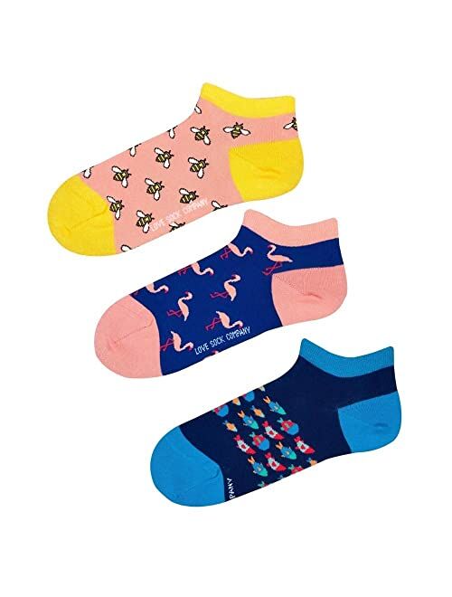 Love Sock Company 3-Pack Bee, Flamingo, School of Fish, Ankle Socks, colorful and fun, Socks for Men and Women, Pink, Blue, Royal Blue (8-12, Ankle Mix 2)