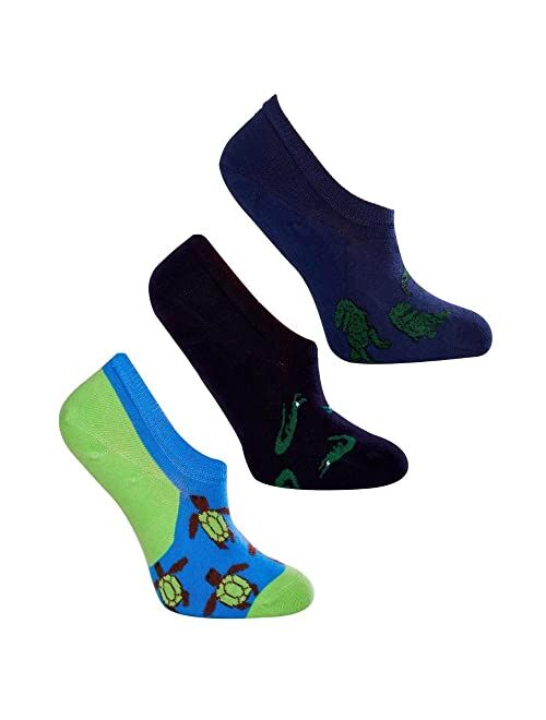 Love Sock Company 3-Pack Turtle, Alligator and T-Rex No-Show Socks, colorful and fun, Socks for Men and Women, Navy-Blue-Black (6-9, No-Show Mix 1)