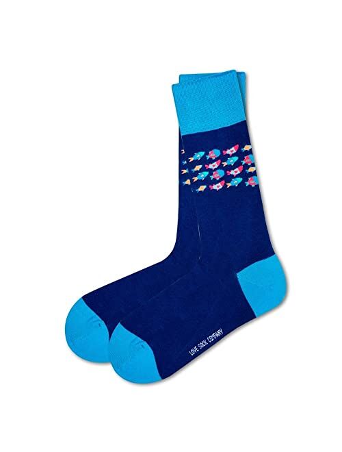 Love Sock Company organic cotton colorful fun novelty crew socks (School of Fish, 6-9, Blue)
