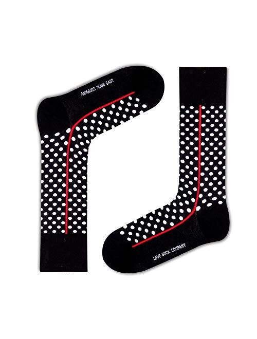 Love Sock Company Men's premium black and white polka dots dress socks. Groomsmen socks. Red Line Black