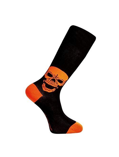 Love Sock Company Men's organic cotton socks with orange Skull design. Seamless toes and highly breathable Motorcycle socks