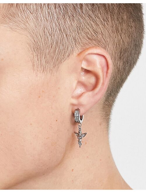 ASOS DESIGN stainless steel party hoop earrings with crystal angel in silver tone