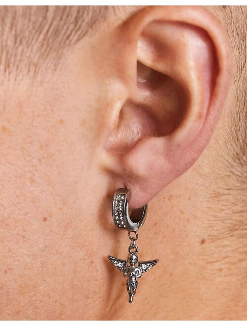 ASOS DESIGN stainless steel party hoop earrings with crystal angel in silver tone